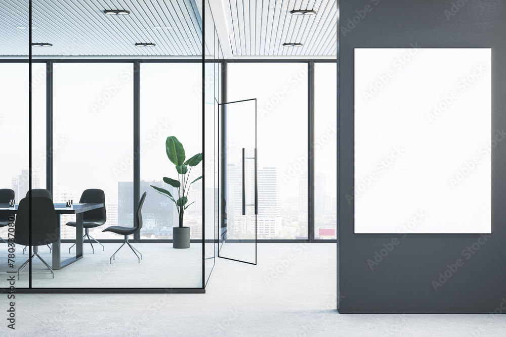 Poster modern glass conference room interior with empty white mock up banner on wall, furniture and panoram