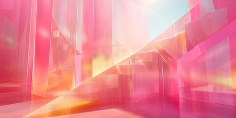 Hyper-realistic depiction of a light pink and gold geometric abstract range, captured in soft focus with pastel colors. - obrazy, fototapety, plakaty