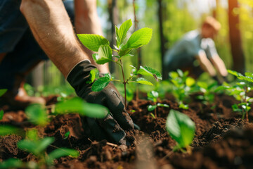Volunteers planting saplings in soil, environmental conservation effort against CO2 emissions - obrazy, fototapety, plakaty