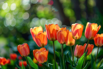 Radiant Orange Tulips Basking in Sunlight in a Serene Garden