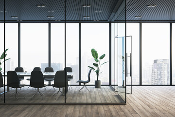 Clean glass conference room interior with wooden flooring, furniture and panoramic window with city view and daylight. 3D Rendering.