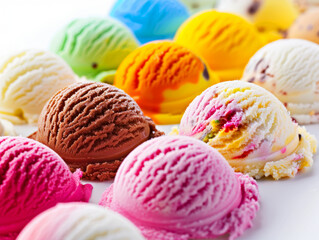 Assorted colorful ice cream scoops in a row, representing a variety of flavors