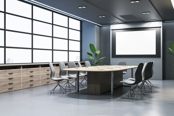 Modern boarding room interior with furniture and empty white mock up billboard. 3D Rendering.