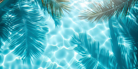 Fototapeta na wymiar A closeup of blue water swimming pool with palm leaves shadows . creating a beautiful summer scene. banner 