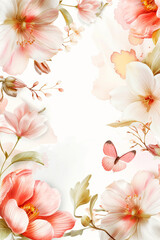 Elegant Floral Border Design with Soft Pink Blossoms and Fluttering Butterfly