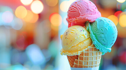 Vibrant stacked ice cream cones with colorful sprinkles against a blurred background in a festive setting