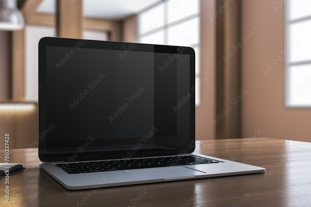 Poster close up of modern designer desktop with empty laptop and blurry office in the background. mock up, 