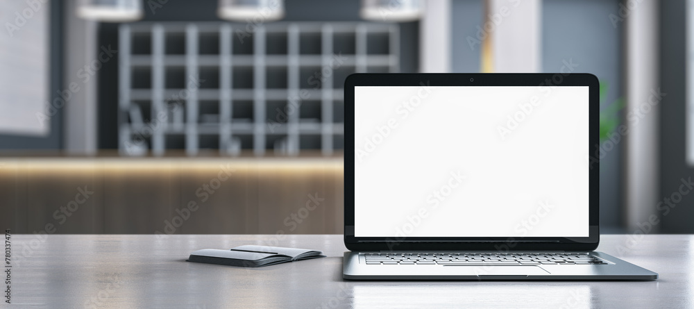 Aufkleber close up of creative wide designer desktop with empty white laptop and blurry office in the backgrou