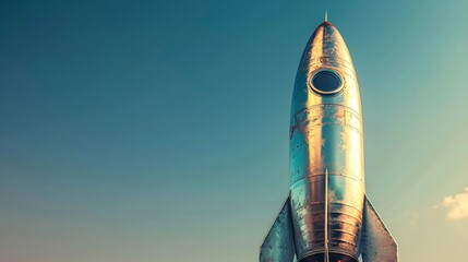 Innovative aluminum rocket, adorned in silver and gold, captures the essence of startups, against a crystal clear sky