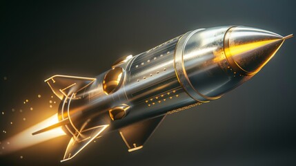 Innovation concept visualized by a silver aluminum rocket with gold accents, flying up in the modern air