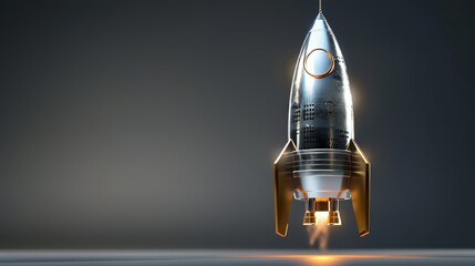 Innovation concept visualized by a silver aluminum rocket with gold accents, flying up in the modern air