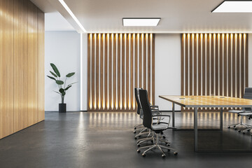 Clean wooden meeting room interior with furniture. 3D Rendering.