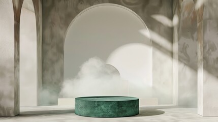 Elegant stone podium, subtly rendered in 3D with green pedestal and Ramadan-inspired clean backdrop