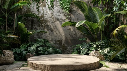 Elegant and bare stone podium, accentuated by a vivid tropical foliage background, premium 3D render