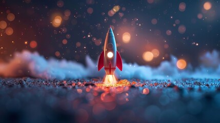 A toy rocket's upward journey captured in detail, epitomizing the essence of startup innovation and daring exploration - obrazy, fototapety, plakaty