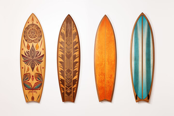 collection of Vintage Wooden Fishboard Surfboards, retro bohemian style, isolate on white background