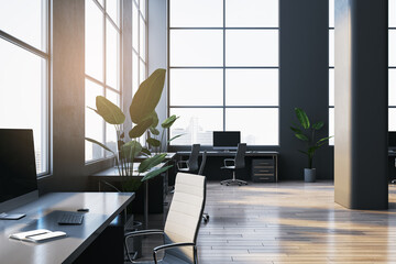 Modern spacious dark coworking office interior with panoramic windows and city view. Workplace concept. 3D Rendering.