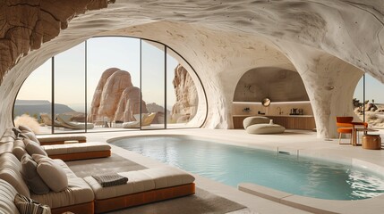 Obraz na płótnie Canvas Luxury Cave Pool Interior with Panoramic Desert View