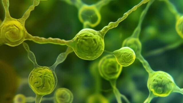 A magnified image of algal cells connected by thin filamentlike structures forming a complex network under a microscope. . AI generation.