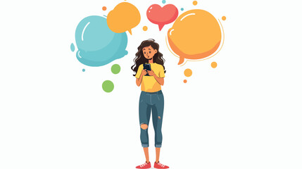 Girl with comic bubbles and phone. Vector. 