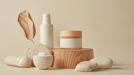 Neutral Toned Skincare Product Mockup Presentation on Wooden Platform
