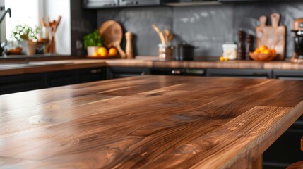 Wooden Empty Countertop Perspective in Modern Kitchen Interior