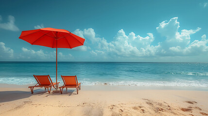 Seaside Solitude Vibrant Red Umbrella on a Sunny Tropical Beach