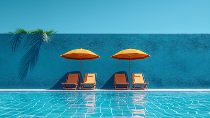 Poolside Repose Vibrant Umbrellas and Loungers Against Blue Wall