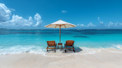 Tropical Escape Serene Beach Paradise with Umbrella and Chairs