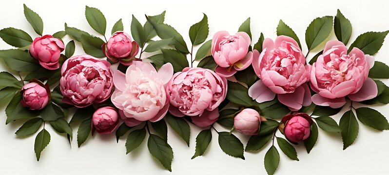 Fototapeta Symmetric Panoramic layout of fresh pink peonies with green leaves, ideal for spring themes, isolated on white