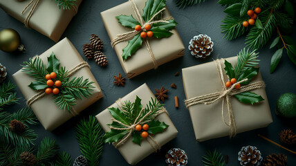Festive Christmas Gifts Wrapped in Eco-Friendly Kraft Paper