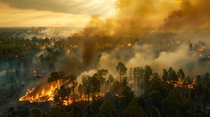 Dramatic Aerial View of Forest Fire Smoke and Flames at Dusk