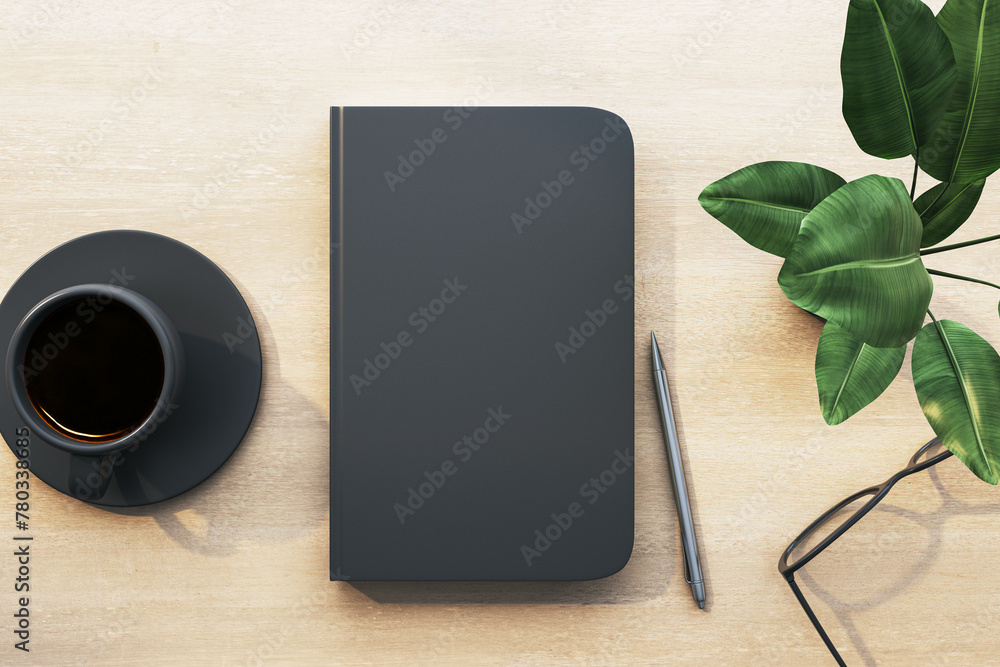 Poster top view white office desk with coffee cup, decorative plant, glasses and empty mock up notepad. mor
