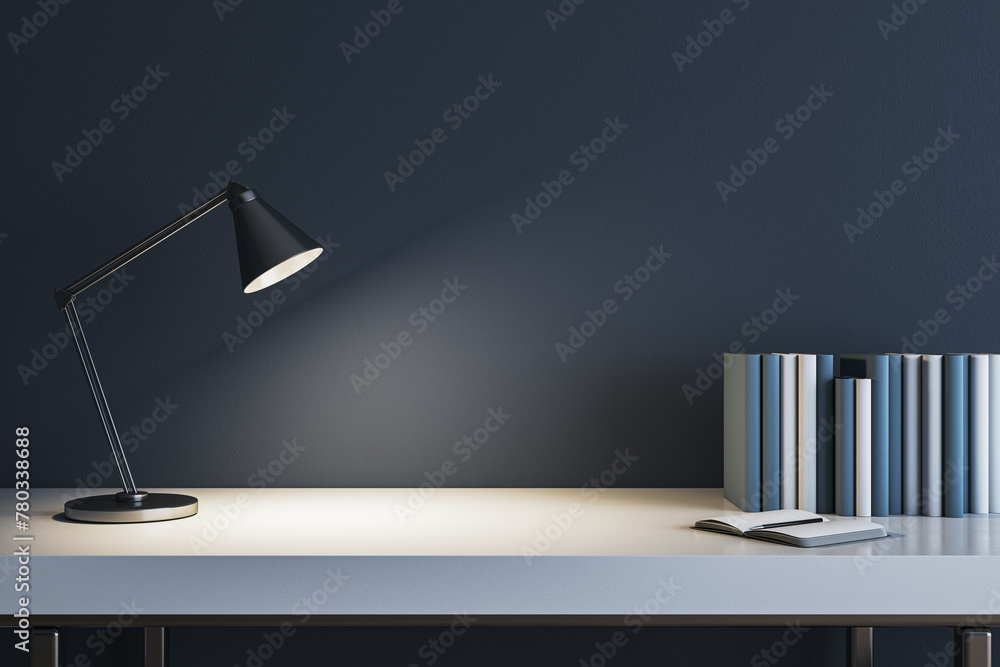 Aufkleber modern concrete workplace with lamp, books and mock up place. workspace close up. 3d rendering.