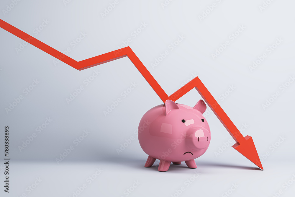 Poster falling red chart arrow with piggy bank on white background. economic recession, losing savings conc