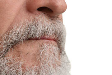 Man with mustache on white background, closeup