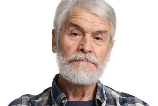 Senior man with mustache on white background