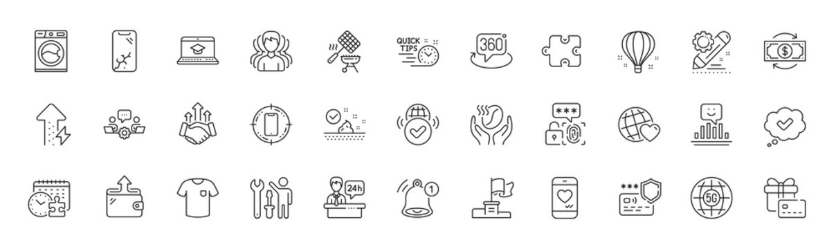 Group, Love chat and T-shirt line icons. Pack of Puzzle, Website education, Skin care icon. Smile, Wallet, Grill basket pictogram. Payment protection, Friends world, Quick tips. Line icons. Vector