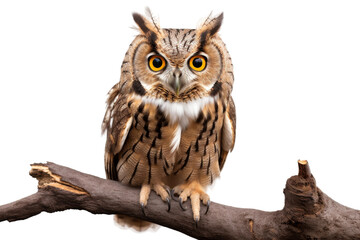 Owl Perched on Tree Branch. On a White or Clear Surface PNG Transparent Background.