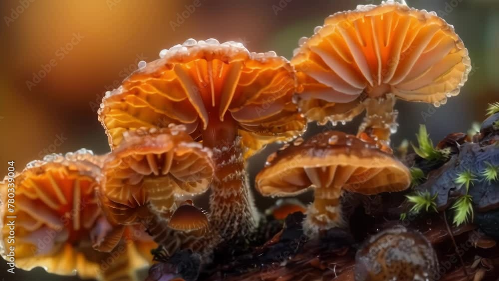 Poster highresolution image of fungal fruiting bodies featuring delicate structures with intricate patterns