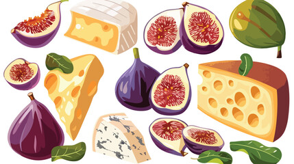 Cheese and fig set icon isolated in white. Stencil foo