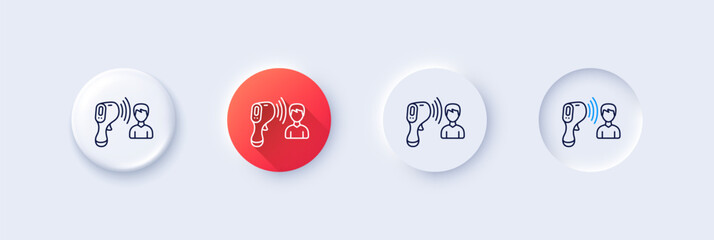 Electronic thermometer line icon. Neumorphic, Red gradient, 3d pin buttons. Temperature scanner sign. Fever measuring symbol. Line icons. Neumorphic buttons with outline signs. Vector - obrazy, fototapety, plakaty