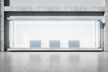 An empty storefront with large window display and three mockup podiums, modern design, on a city sidewalk background. 3D Rendering