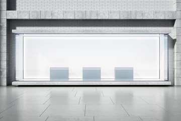 Foto op Plexiglas An empty storefront with large window display and three mockup podiums, modern design, on a city sidewalk background. 3D Rendering © Who is Danny