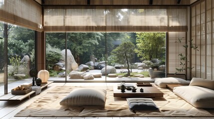 Zen-Inspired Modern Japanese Living Room with Garden View - obrazy, fototapety, plakaty