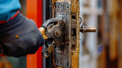 A locksmith at work repairing a hasp and round latch, close-up on the tools and techniques for secure window and door installation