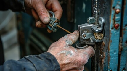 A locksmith repairing a hasp and latch, captured in close-up to highlight the dedication to safety and security in home protection