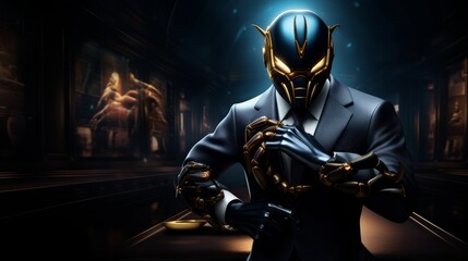 Against a dark, enigmatic background, a scorpion stands in a business suit, a full-length symbol of unexpected elegance and commanding presence, Futuristic - obrazy, fototapety, plakaty