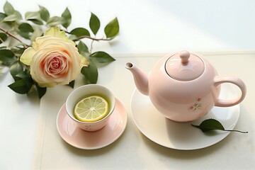  Tea Time Serenity: Watercolor Rose Ceramic Teapot Cup with Lime, Evoking Relaxation and Comfort