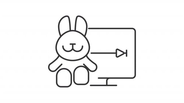 Cartoons streaming line animation. Animated tv and plush bunny icon. Streaming service for kids. Animated content. Black illustration on white background. HD video with alpha channel. Motion graphic